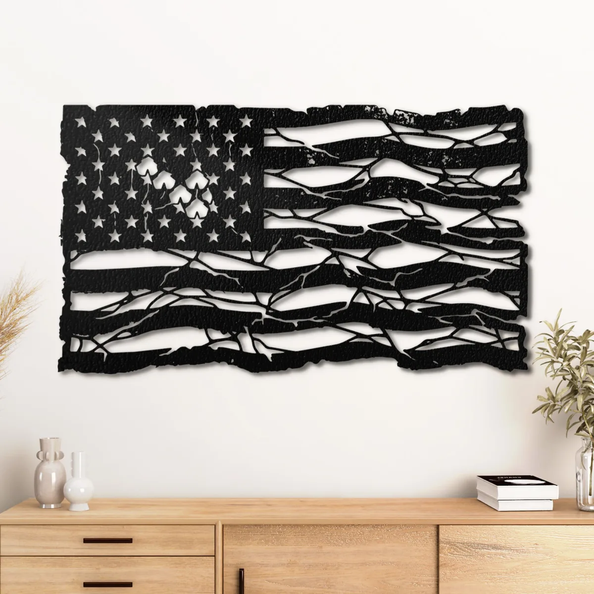 American Flag Metal Wall Art Oversized Rustic Distressed Decor Patriotic Home Sign Optional RGB LED Veteran Gift Fabia Home Rustic metal American flag art with stars and stripes design
