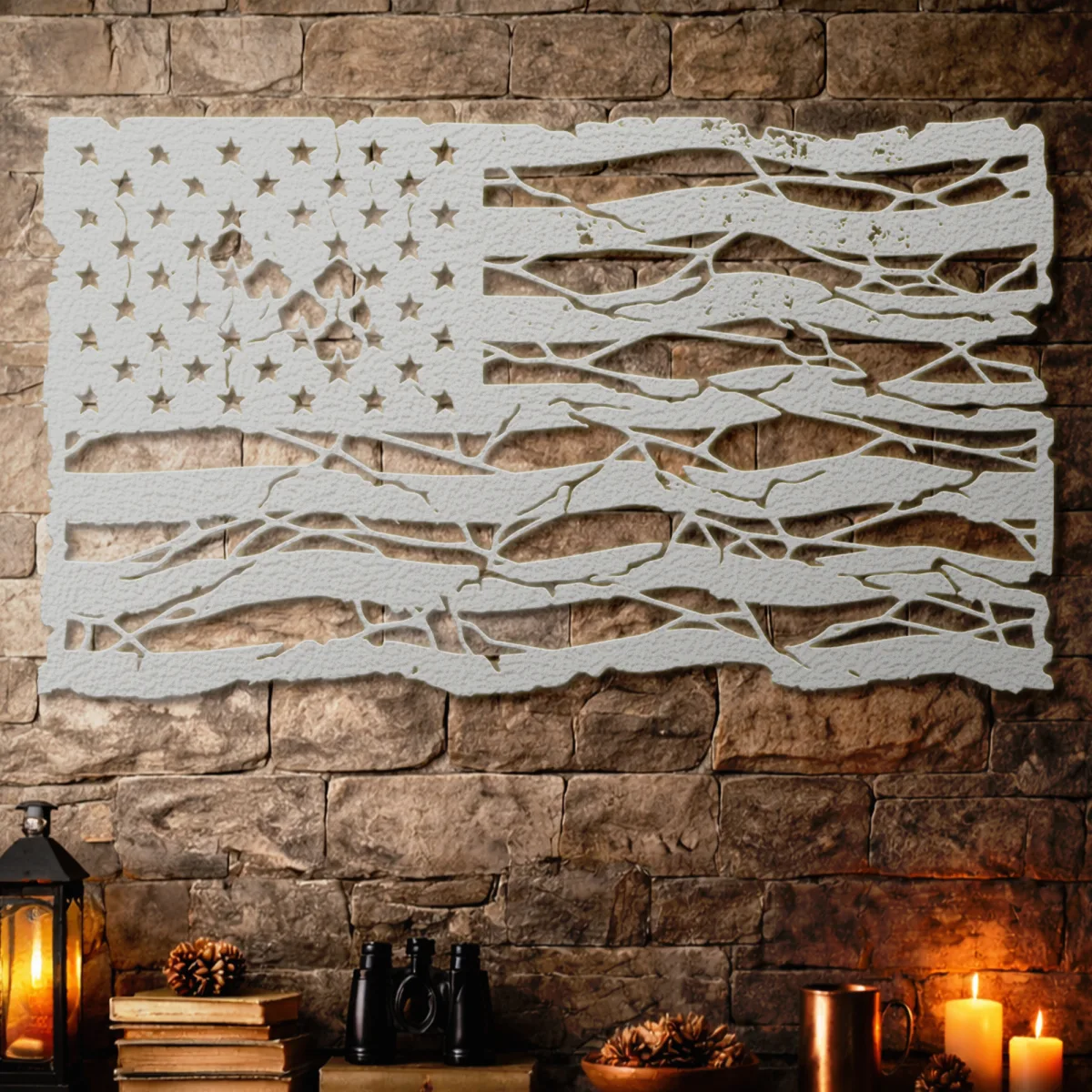 American Flag Metal Wall Art Oversized Rustic Distressed Decor Patriotic Home Sign Optional RGB LED Veteran Gift Fabia Home Patriotic wall decor featuring a large distressed American flag