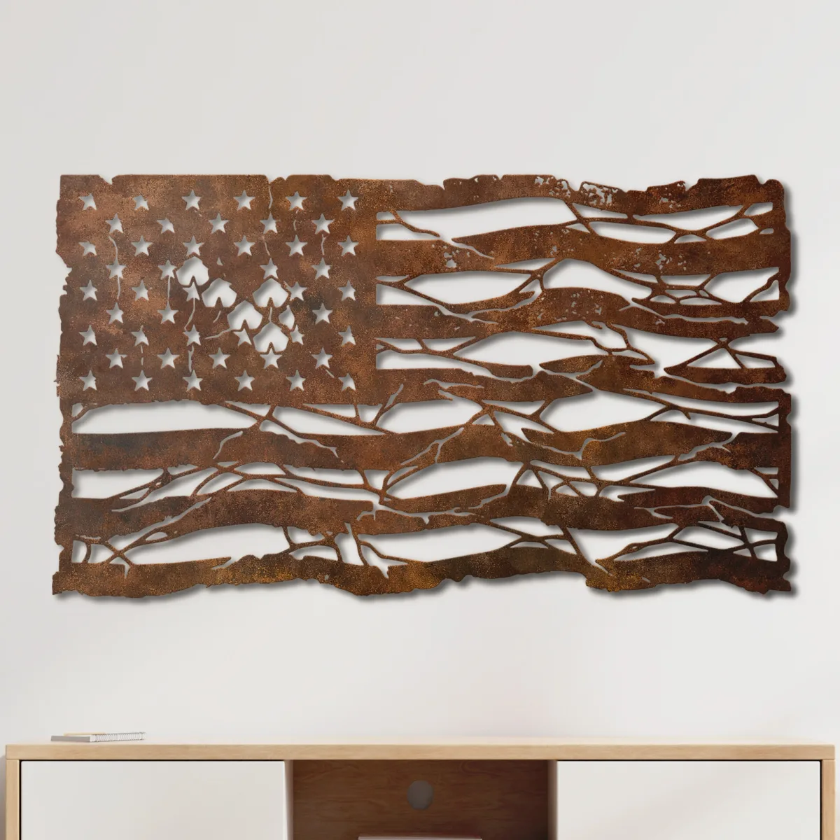 American Flag Metal Wall Art Oversized Rustic Distressed Decor Patriotic Home Sign Optional RGB LED Veteran Gift Fabia Home Huge rustic American flag art with optional RGB LED lighting