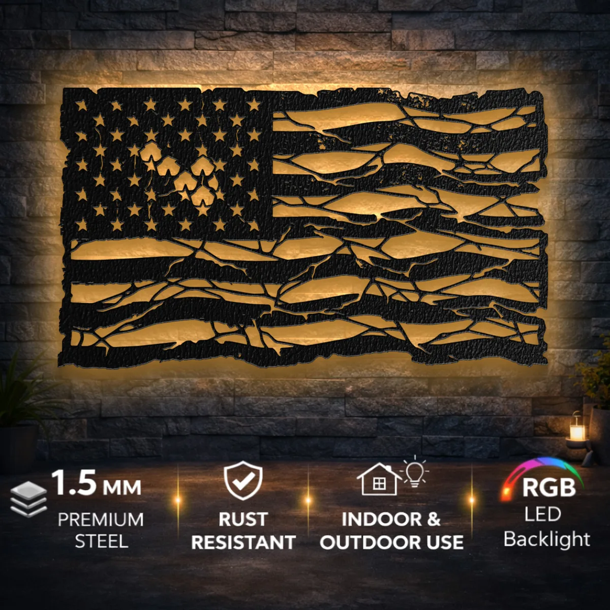 American Flag Metal Wall Art Oversized Rustic Distressed Decor Patriotic Home Sign Optional RGB LED Veteran Gift Fabia Home Distressed American flag metal art suitable for indoor and outdoor display