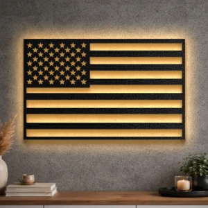 Large American Flag metal wall art with LED backlighting