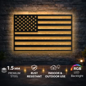 American Flag Metal Wall Art, Oversized Rustic Patriotic Decor, Optional RGB LED, Veteran and Patriot Gift