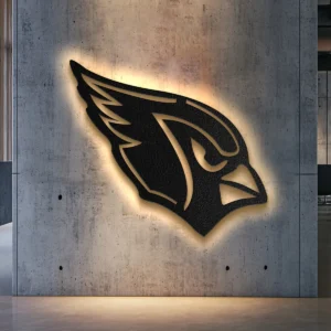 Black metal Arizona Cardinals logo wall art with bright LED backlight.