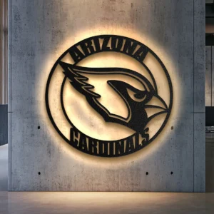 Black metal Arizona Cardinals NFL logo wall art with LED backlight.