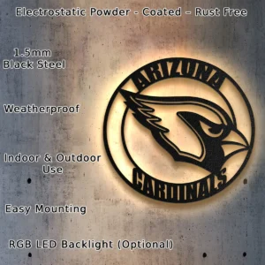 Arizona Cardinals Metal Logo Decor, Dynamic NFL Wall Art, Optional LED Game Room Light, Gridiron Fan Gift