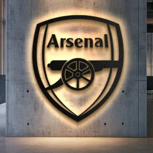 Black metal Arsenal FC logo wall art with bright LED backlight.