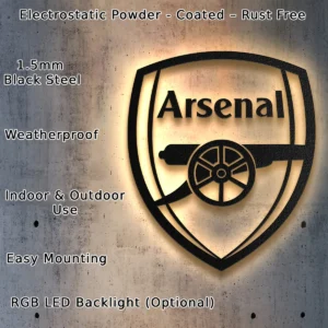 Arsenal FC Metal Logo Art, Iconic Premier League Decor, Optional LED Wall Sign, Soccer Fan Gift