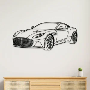 Black metal Aston Martin DBS Superleggera wall art on a white wall.