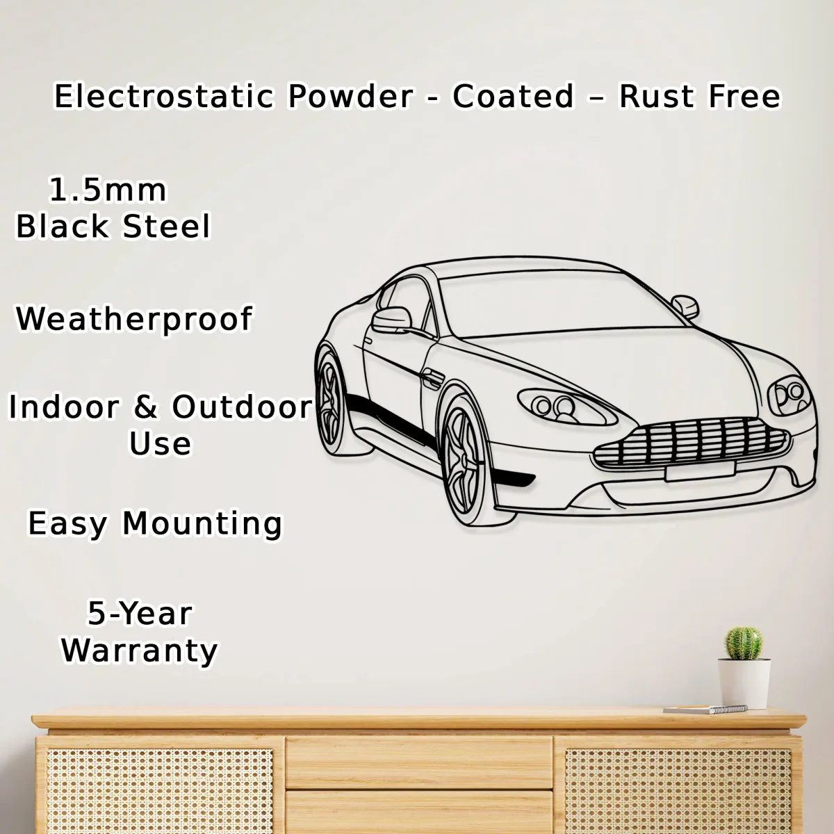 Front view of Aston Martin Vantage metal art on white wall