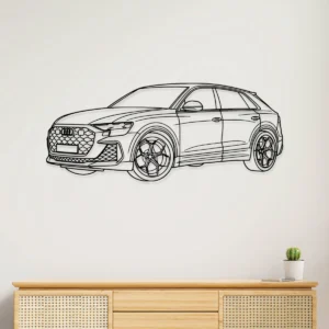 Black metal outline of an Audi RS Q8 SUV on a white wall.