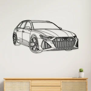 Black metal outline wall art of an Audi RS6 performance car.