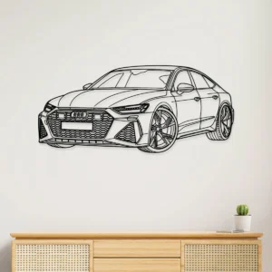 Black metal Audi RS7 silhouette wall art for modern garage decor.