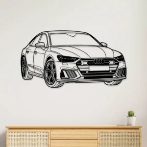 Black metal Audi RS7 Sportback wall art on a white wall