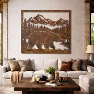 Bear and Mountain Metal Wall Art, Oversized Rustic Forest Decor, Wildlife Sign, Optional LED, Nature Lover Gift