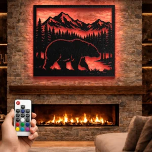 Bear and Mountain Metal Wall Art, Oversized Rustic Forest Decor, Wildlife Sign, Optional LED, Nature Lover Gift