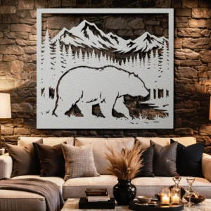 Bear and Mountain Metal Wall Art, Oversized Rustic Forest Decor, Wildlife Sign, Optional LED, Nature Lover Gift