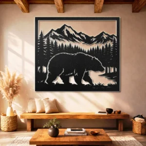 Bear and Mountain Metal Wall Art, Oversized Rustic Forest Decor, Wildlife Sign, Optional LED, Nature Lover Gift