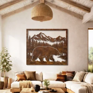 Bear and Mountain Metal Wall Art, Oversized Rustic Forest Decor, Wildlife Sign, Optional LED, Nature Lover Gift