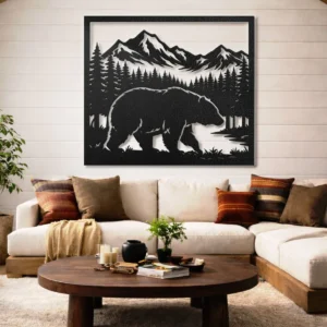Bear and Mountain Metal Wall Art, Oversized Rustic Forest Decor, Wildlife Sign, Optional LED, Nature Lover Gift