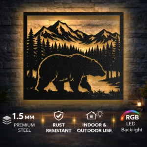 Bear and Mountain Metal Wall Art, Oversized Rustic Forest Decor, Wildlife Sign, Optional LED, Nature Lover Gift