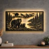 A large rustic metal wall art depicting a bear family in a forest scene with mountains and a lake.