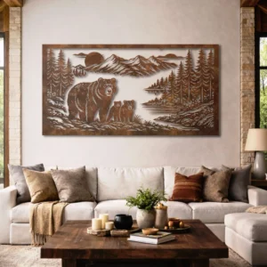 Bear Family Metal Wall Art, Oversized Rustic Forest Scene Decor, Optional RGB LED, Nature Lover Gift