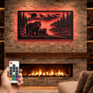 Bear Family Metal Wall Art, Oversized Rustic Forest Scene Decor, Optional RGB LED, Nature Lover Gift