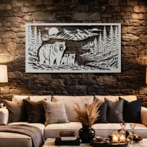 Bear Family Metal Wall Art, Oversized Rustic Forest Scene Decor, Optional RGB LED, Nature Lover Gift