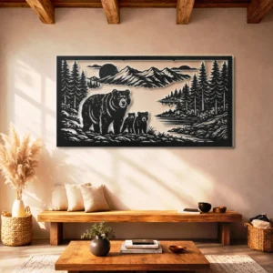Bear Family Metal Wall Art, Oversized Rustic Forest Scene Decor, Optional RGB LED, Nature Lover Gift