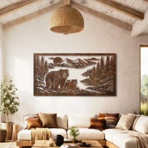 Bear Family Metal Wall Art, Oversized Rustic Forest Scene Decor, Optional RGB LED, Nature Lover Gift