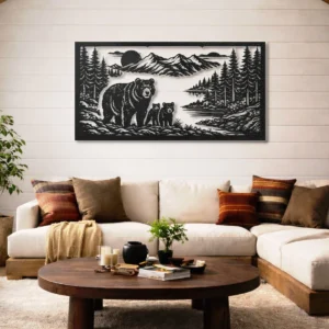 Bear Family Metal Wall Art, Oversized Rustic Forest Scene Decor, Optional RGB LED, Nature Lover Gift
