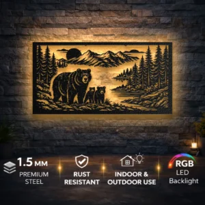 Bear Family Metal Wall Art, Oversized Rustic Forest Scene Decor, Optional RGB LED, Nature Lover Gift