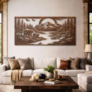 Bear Family Metal Wall Art, Oversized Rustic Mountain Forest Decor, Optional RGB LED, Wildlife Home Gift