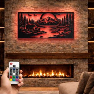 Bear Family Metal Wall Art, Oversized Rustic Mountain Forest Decor, Optional RGB LED, Wildlife Home Gift