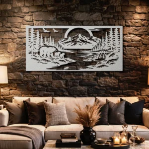 Bear Family Metal Wall Art, Oversized Rustic Mountain Forest Decor, Optional RGB LED, Wildlife Home Gift