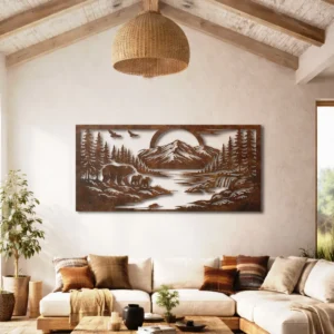 Bear Family Metal Wall Art, Oversized Rustic Mountain Forest Decor, Optional RGB LED, Wildlife Home Gift