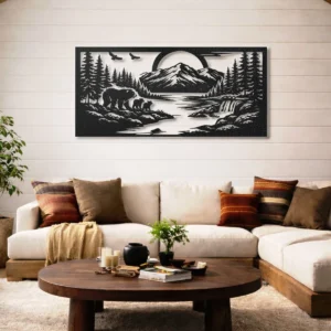 Bear Family Metal Wall Art, Oversized Rustic Mountain Forest Decor, Optional RGB LED, Wildlife Home Gift