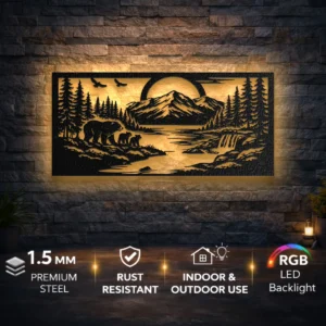 Bear Family Metal Wall Art, Oversized Rustic Mountain Forest Decor, Optional RGB LED, Wildlife Home Gift