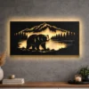 An oversized rustic bear in mountain forest metal wall art with LED backlighting.