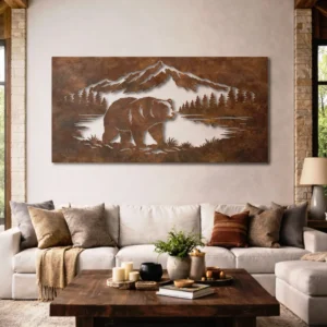 Bear in Mountain Forest Metal Wall Art, Oversized Rustic Wilderness Decor, Optional RGB LED, Wildlife Lover Gift