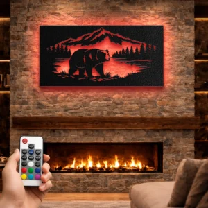 Bear in Mountain Forest Metal Wall Art, Oversized Rustic Wilderness Decor, Optional RGB LED, Wildlife Lover Gift