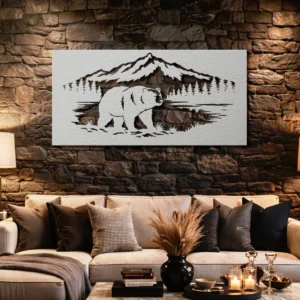Bear in Mountain Forest Metal Wall Art, Oversized Rustic Wilderness Decor, Optional RGB LED, Wildlife Lover Gift