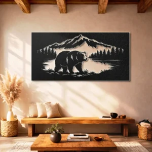 Bear in Mountain Forest Metal Wall Art, Oversized Rustic Wilderness Decor, Optional RGB LED, Wildlife Lover Gift