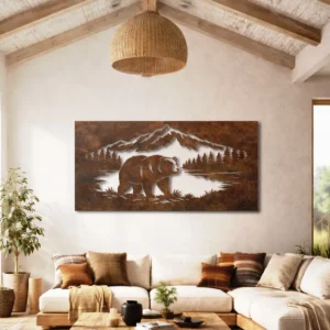 Bear in Mountain Forest Metal Wall Art, Oversized Rustic Wilderness Decor, Optional RGB LED, Wildlife Lover Gift
