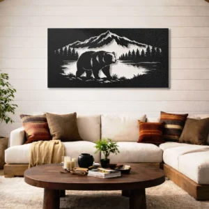 Bear in Mountain Forest Metal Wall Art, Oversized Rustic Wilderness Decor, Optional RGB LED, Wildlife Lover Gift