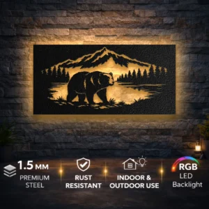 Bear in Mountain Forest Metal Wall Art, Oversized Rustic Wilderness Decor, Optional RGB LED, Wildlife Lover Gift