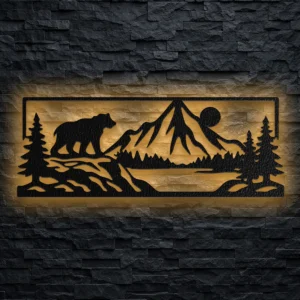 Large rustic bear mountain metal art with optional LED backlight.