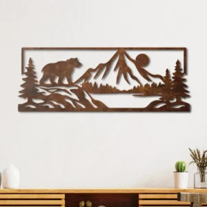 Bear Mountain Metal Art, Oversized Rustic Cabin Decor, Forest Wildlife Sign, Optional LED Backlight, Nature Lover Gift