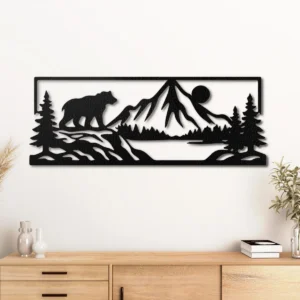 Bear Mountain Metal Art, Oversized Rustic Cabin Decor, Forest Wildlife Sign, Optional LED Backlight, Nature Lover Gift