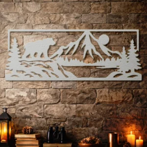 Bear Mountain Metal Art, Oversized Rustic Cabin Decor, Forest Wildlife Sign, Optional LED Backlight, Nature Lover Gift